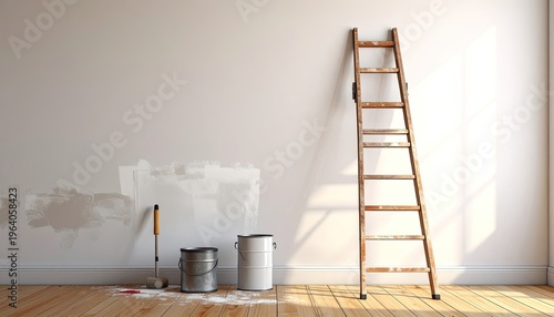 Painting supplies and a ladder are staged against a wall.