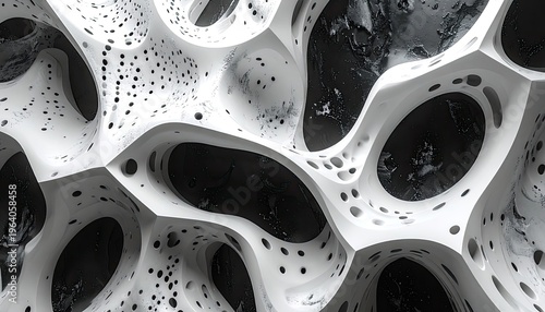 An abstract, organic, and porous white structure with black voids and intricate details.
