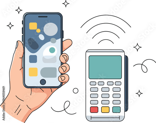 Modern contactless mobile payment illustration featuring a hand holding a smartphone at a credit card terminal for digital finance and retail tech