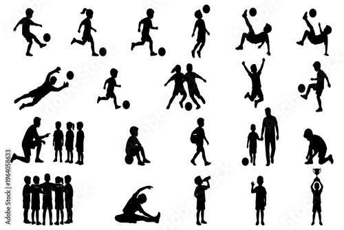 Kids Soccer Silhouettes Set – Vector Collection of Children Playing, Coaching, and Celebrating for Youth Football and Sports Design