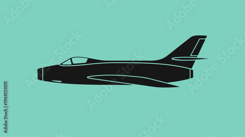 Silhouette of a jet fighter plane against a teal background.