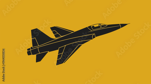 Silhouette of a jet fighter aircraft against a yellow background.