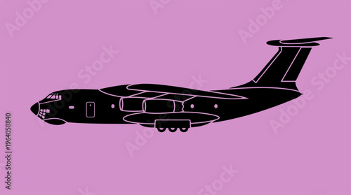 Silhouette of a large cargo plane against a pink background.