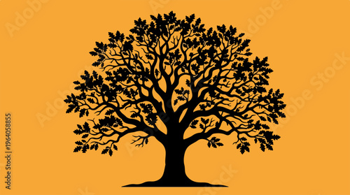 Silhouette of a majestic tree against a vibrant orange background.