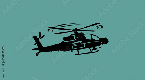 Silhouette of a military helicopter against a teal background.