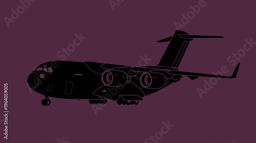 Silhouette of a military transport aircraft against a dark background.