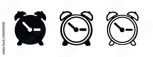 Classic alarm clock icons set in varying styles, representing time, morning, wake-up, and deadlines on white background.