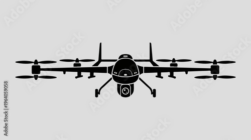 Silhouette of a modern drone with multiple propellers and camera.