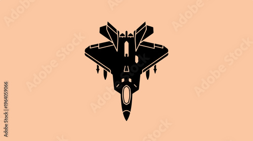 Silhouette of a modern fighter jet against a peach background.