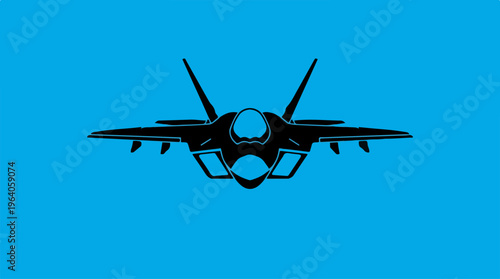 Silhouette of a modern fighter jet against a blue background.