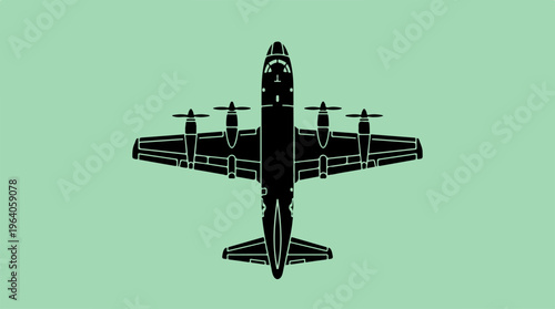 Silhouette of a military transport aircraft viewed from above, black on green background.