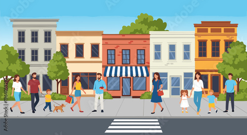 People strolling along a charming town street with buildings and a crosswalk in this vector illustration