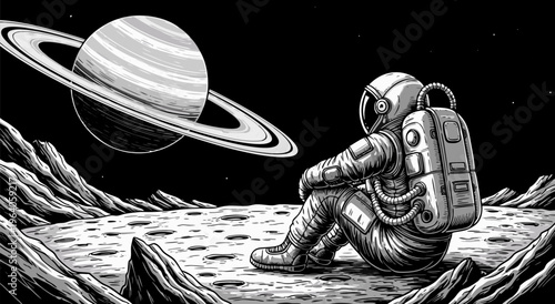 Astronaut Sitting on Moon Surface Gazing at Saturn Rings, Vector Illustration
