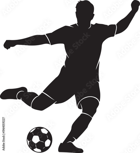 Silhouette of man kicking soccer ball.