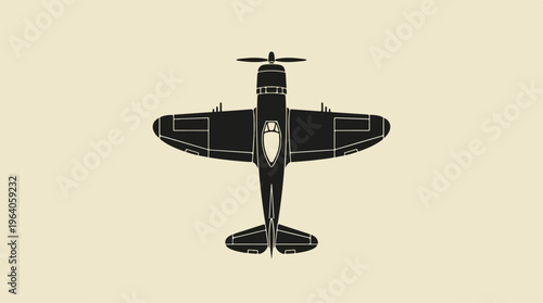 Silhouette of a vintage airplane viewed from above against a neutral background.