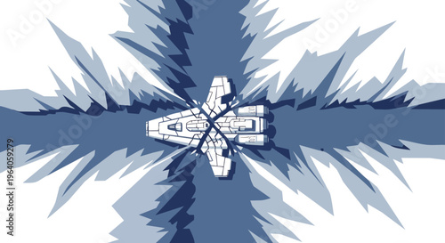 a futuristic spaceship breaking through an abstract blue ice barrier symbolizing dynamic action innovation and overcoming challenges.