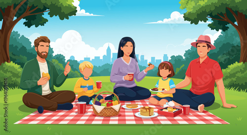 Happy Family Picnic in the Park A Vibrant Vector Illustration for Summer Recreation and Outdoor Activities