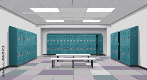 Sports Locker Room with Rows of Blue Lockers and Benches, Vector Illustration