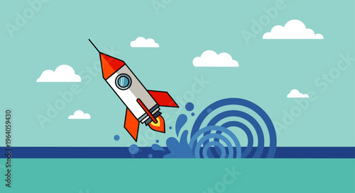 cartoon rocket launching from water with vibrant splashes symbolizing new business startup innovation and successful project launch.