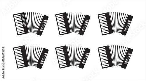 Black accordion icon set isolated on white, musical instrument symbols, entertainment and performance illustration collection
