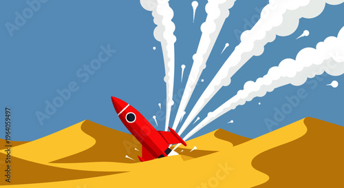 red rocket crash-landed in a desert with plumes of smoke illustrating concept of startup failure and business setback