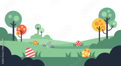 flat design easter egg hunt colorful eggs hidden in a vibrant spring landscape of rolling green hills and trees.
