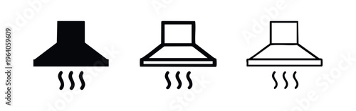 Kitchen range hood icon set. Cooking extractor fan symbol in multiple styles for ventilation.