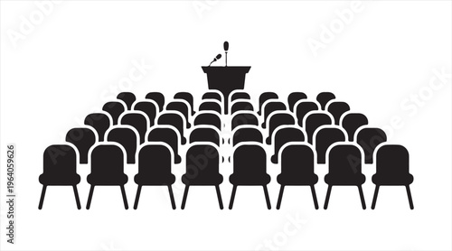 Business seminar icon with audience and podium, black silhouette conference seating and speaker stage, corporate event and presentation concept illustration