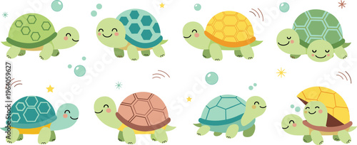 Cute cartoon turtle vector illustration set featuring happy tortoises with colorful shells bubbles and stars in kawaii style