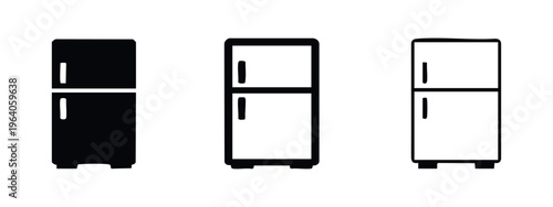 Refrigerator icon set with bottom freezer. Fridge appliance symbol in multiple styles for kitchen.