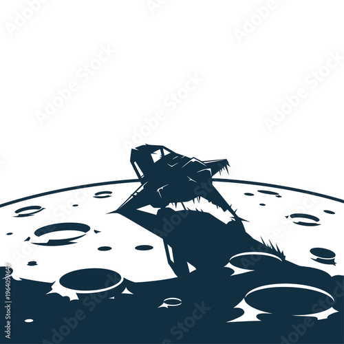 crashed spaceship wreckage on lunar surface a broken spacecraft half-buried amidst craters depicting a space accident for science fiction.