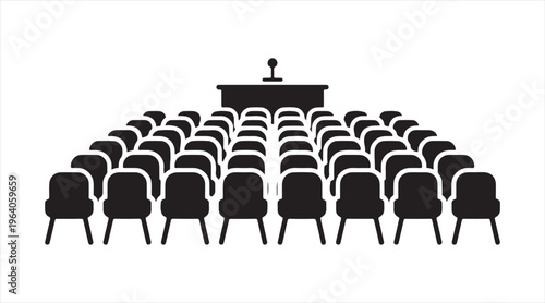 Conference audience with podium silhouette icon, seminar seating and speaker stage isolated on white background, business presentation and public speaking illustration