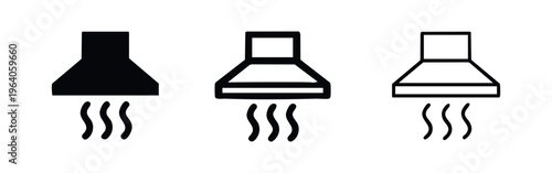 Kitchen range hood icon set. Cooking extractor fan symbol in multiple styles for ventilation.