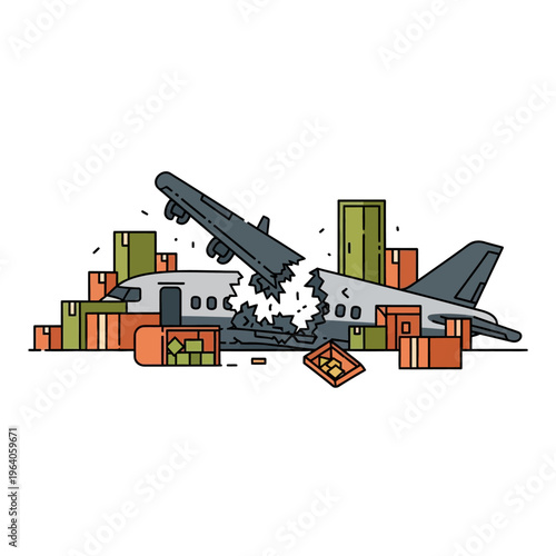 crashed airplane surrounded by cargo boxes depicting a transportation accident and delivery failure in a flat design illustration