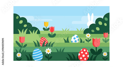 easter egg hunt scene with colorful decorated eggs and a peeking bunny in a vibrant spring landscape perfect for childrens holiday content.