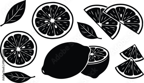 Lemon and citrus fruit silhouettes with whole lemons and round slices