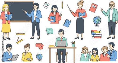 Education and teaching vector character set featuring teachers and students with laptops books globes and chalkboard in flat style