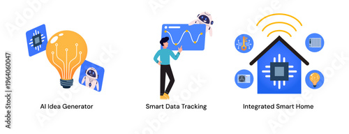 A professional illustration set of AI assistant managing complex data fluctuations, sparking new inventive ideas, and controlling automated home security and appliances