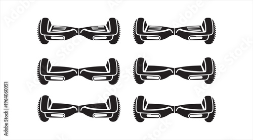 Black hoverboard icon set isolated on white, personal electric scooter symbols, urban transport and modern mobility illustration collection