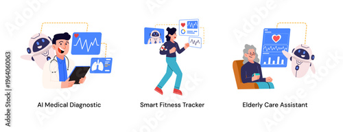 A professional illustration set of Comprehensive healthcare AI solutions for assisting doctor’s analysis, fitness monitoring, and remote health checks for elderly patients