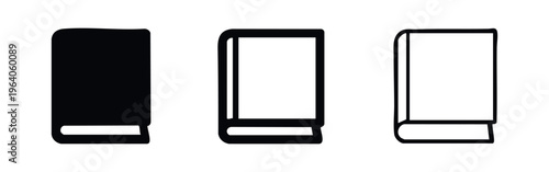 Closed book icon set with spine visible, in solid black and outlined variations, for learning concepts