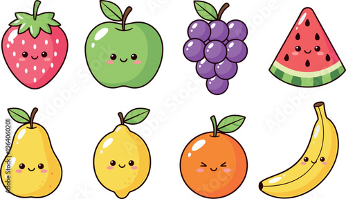 Cute cartoon fruits collection with smiling faces strawberry apple banana grape watermelon kawaii food vector illustration set