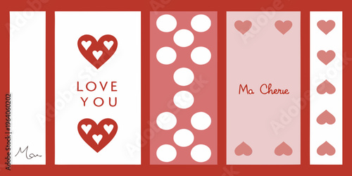 A colorful patterned design featuring hearts polka dots and loving messages