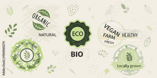 Collection of organic and vegan food labels with botanical elements