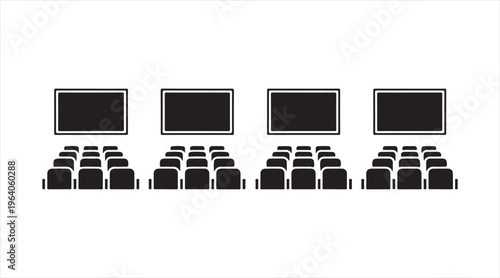 Set of cinema theater icons in black silhouette, audience seating and movie screen symbols, entertainment and auditorium concept illustration