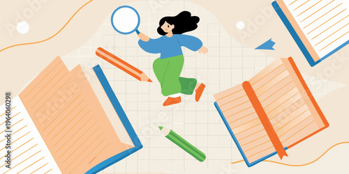 A young woman explores a world built from open books and stationery