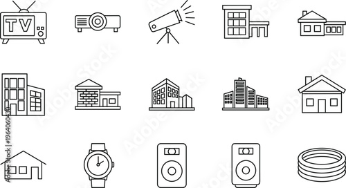 Minimalist line icon set featuring real estate buildings residential houses electronics like television speakers watch and telescope vector