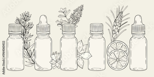 Line art illustration of essential oil bottles and botanical sprigs