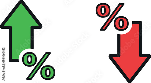 Green upward arrow and red downward arrow feature percentage symbols indicating financial.
