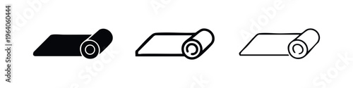 Rolled Mat or Carpet Top View Icon Set. Yoga mat, exercise, or rug symbol in black and white styles.